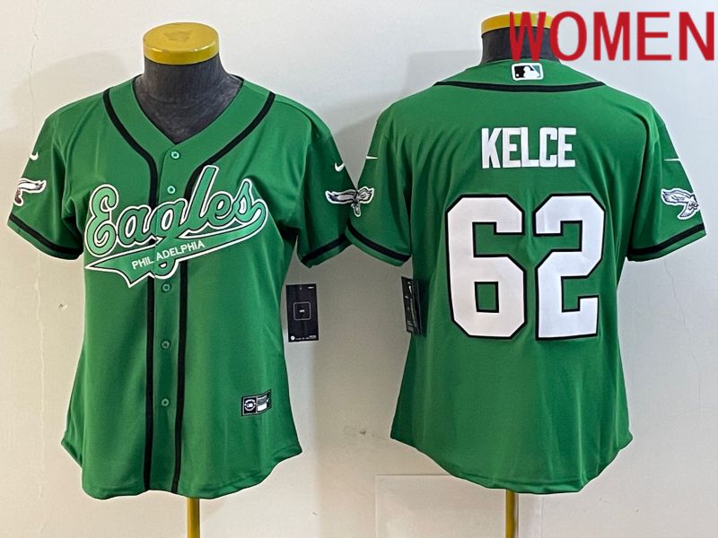 Women Philadelphia Eagles #62 Kelce Green Nike 2023 Co Branding Game NFL Jersey style 1->->Women Jersey